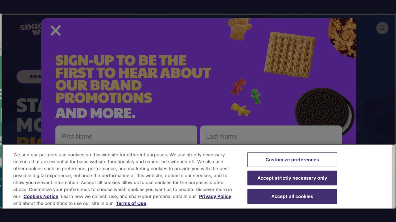 Screenshot showing a cookie banner covering a newsletter signup modal
